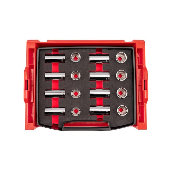 1/2 Inch Drive Shallow and Deep 6-Point Socket Set with Open Top Drawer and Rack, 16-Piece (25-32 mm)