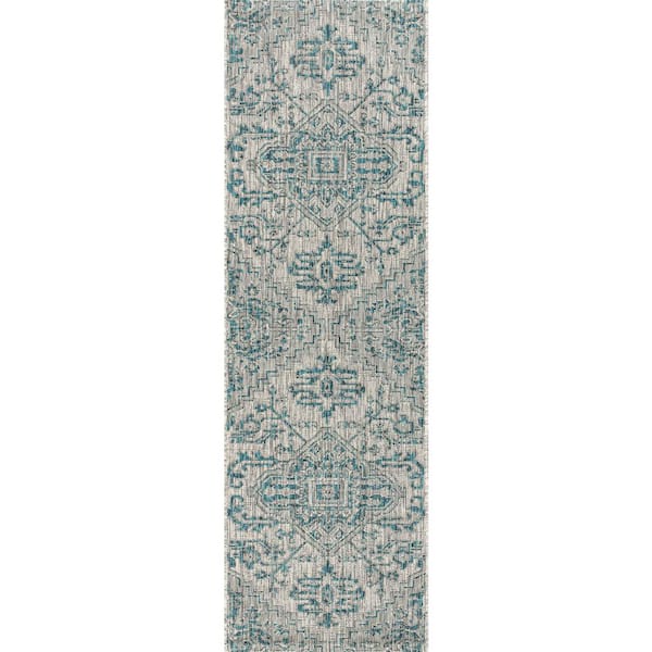 Estrella Bohemian Medallion Textured Weave Indoor/Outdoor Teal/Gray 2 ft. x 8 ft. Runner Rug