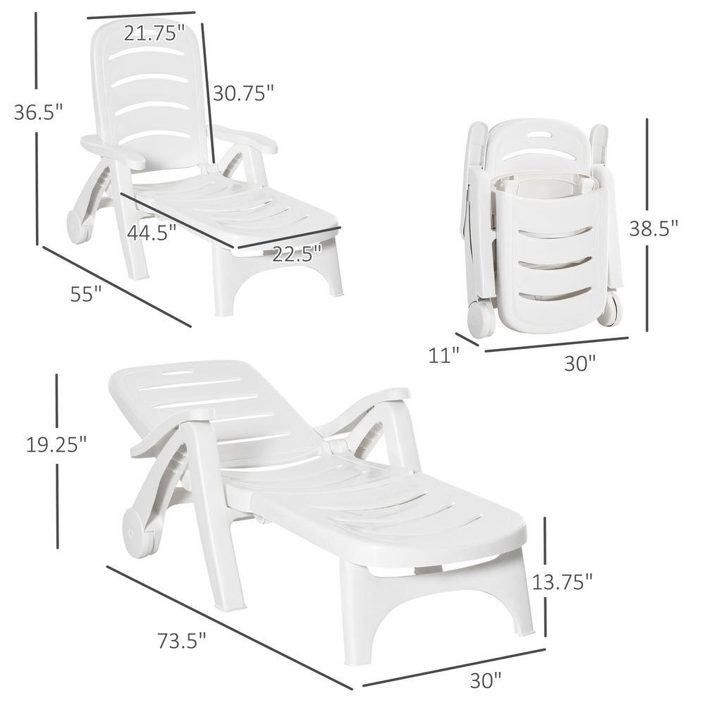 White Plastic Folding Outdoor Chaise Lounge with Adjustable Backrest and Wheels