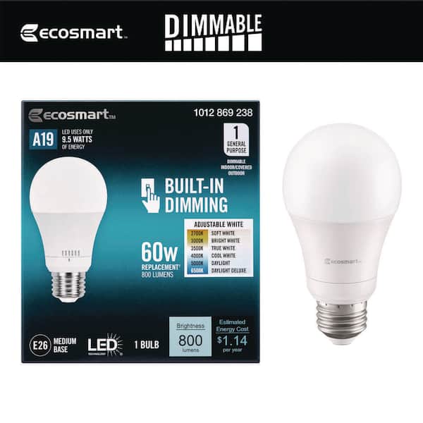 EcoSmart 60-Watt Equivalent A19 Dimmable and Built in Dimming LED Light Bulb with Selectable Color Temperature (1-Pack)