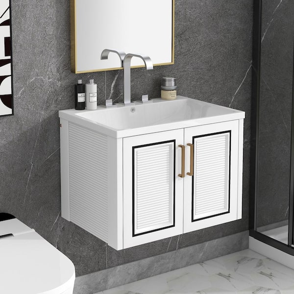 24 in. W x 18 in. D x 18 in. H Wall Mounted Bath Vanity in White with White Ceramic Top ...