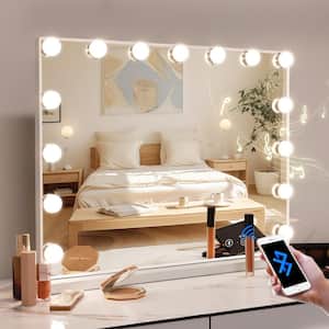 22.8 in. W x 18 in. H Rectangular Framed Vanity Mirror Tabletop Bathroom Makeup Mirror with Lights Bluetooth in White