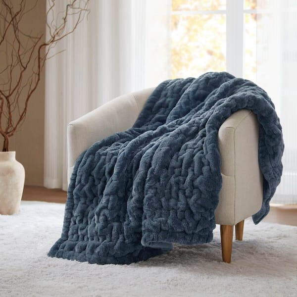Ruched Fur Slate Blue Polyester Throw Blanket