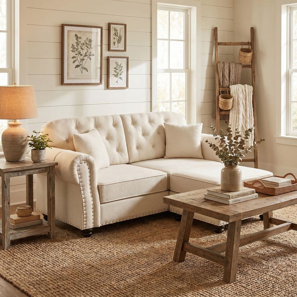 Camdany 63 in. Rolled Arm 2-Piece Velvet Sectional Sofa with Ottoman and Nailhead Trim in Beige