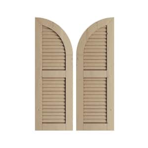 12" x 36" Timberthane Polyurethane Knotty Pine 2-Equal Louvered Quarter Round Arch Top Faux Wood Shutters Pair in Primed