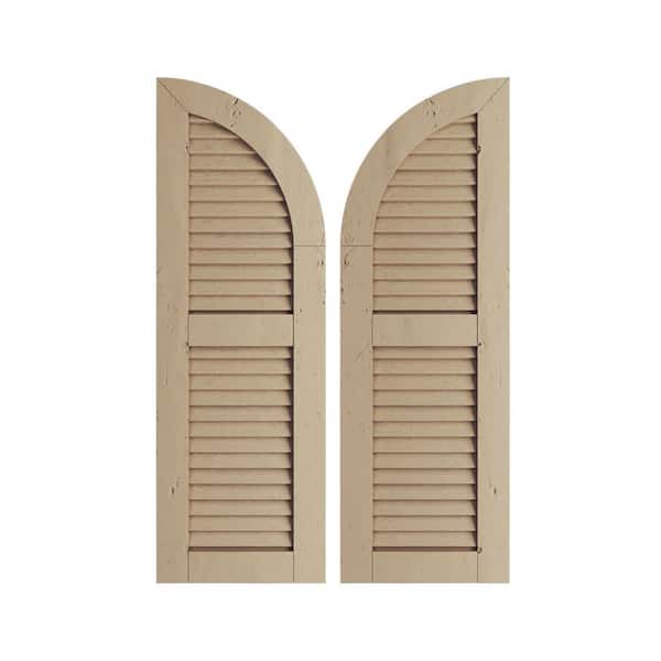 Ekena Millwork 12" x 38" Timberthane Polyurethane Knotty Pine 2-Equal Louvered Quarter Round Arch Top Faux Wood Shutters Pair in Primed