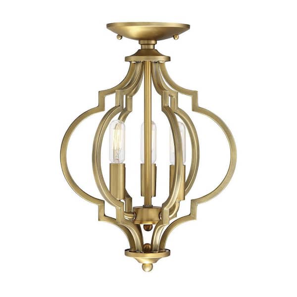 11 in. W x 16 in. H, 3-Light Ceiling Light in Natural Brass Semi- Flush Mount