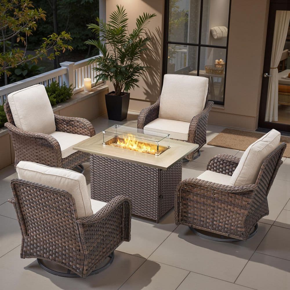 RoundEase 5-Piece Brown Wicker Fire Pit Conversation Set with Olefin Beige Cushions and Curved Arm Swivel Glider Chairs price history on PriceWatchPro