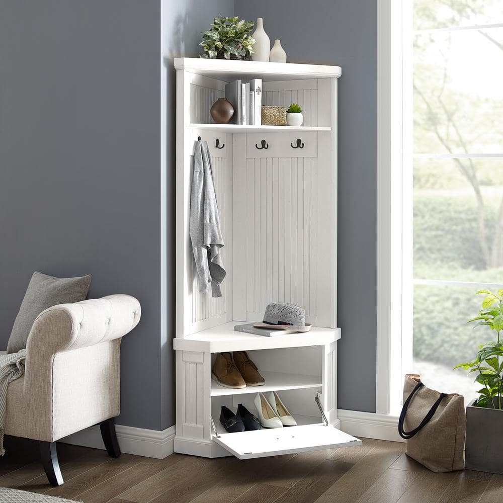Distressed White Birch Corner Hall Tree with Storage