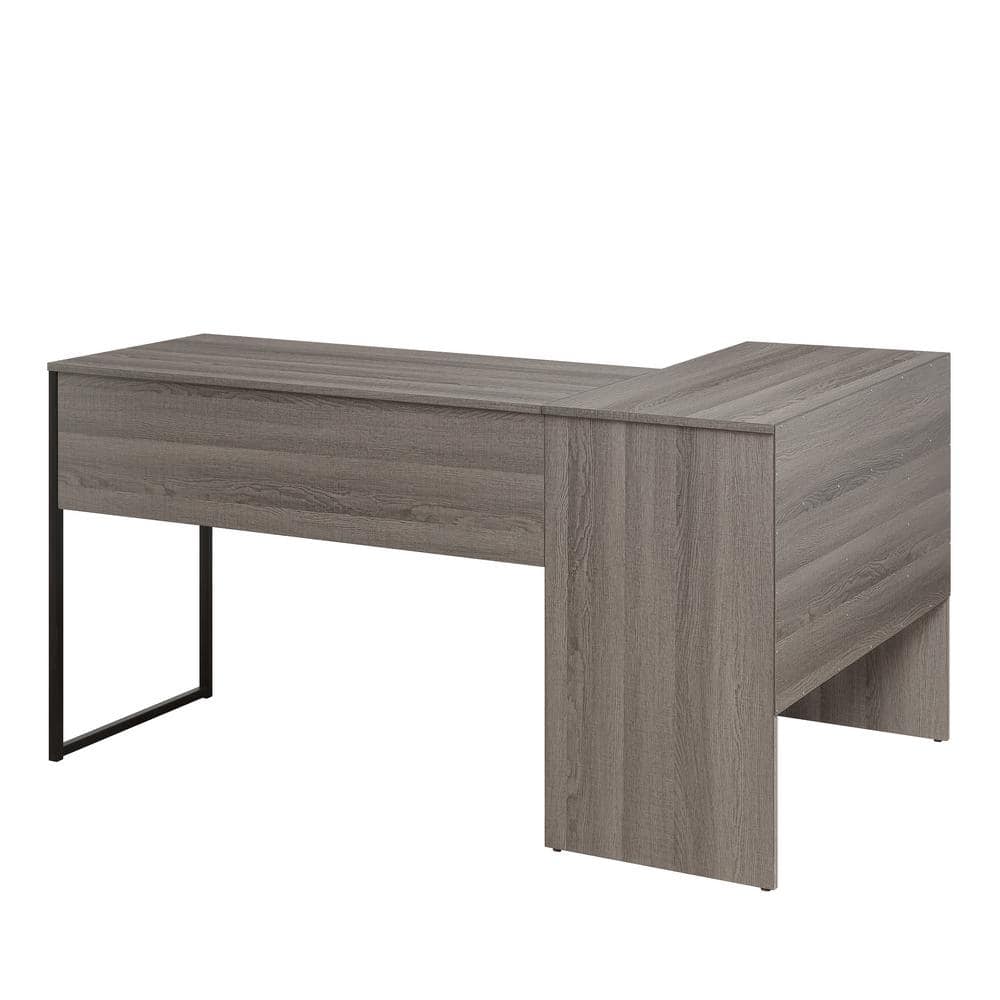 Gray Corner Wood Desk with Drawer and Storage Shelf
