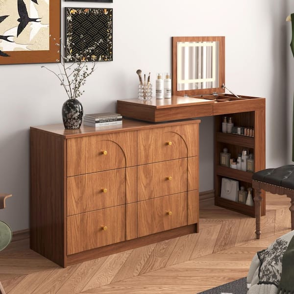 Walnut 48 in. W Makeup Vanity with Flip-Top Tabletop and Storage 7 Drawers, Dresser with Mirror and Lights