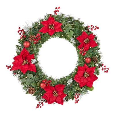 30 in. Berry Bliss Battery Operated Mixed Pine LED Pre-Lit Artificial Christmas Wreath with Timer