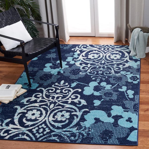 Adirondack Navy/Aqua 4 ft. x 6 ft. Floral Damask Area Rug