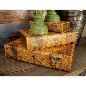 Rectangle Wood Faux Book Box with World Map Cover (Set of 3)