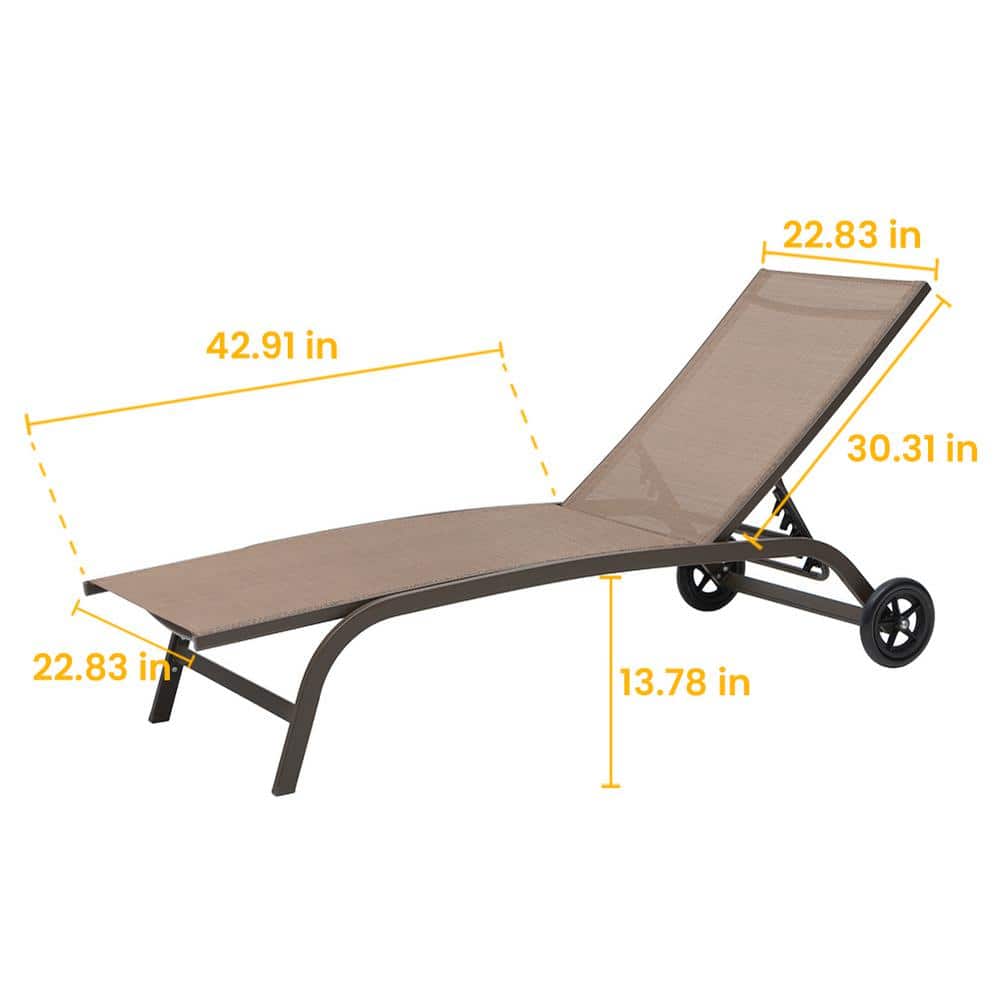 Adjustable Brown Aluminum Outdoor Chaise Lounge with Wheels