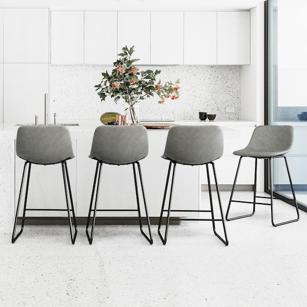 OrangeOne 30 in. Gray Faux Leather Upholstered Bar Stool With Metal Leg Counter Bar Stool (Set of 4)