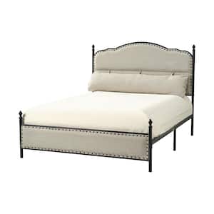 Sergio Light Grey Transitional Upholstered Platform Metal Bed Frame Four Poster Bed with High Headboard and Pillow
