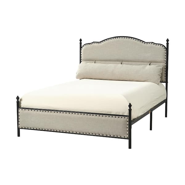 JAYDEN CREATION Sergio Light Grey Transitional Upholstered Platform Metal Bed Frame Four Poster Bed with High Headboard and Pillow