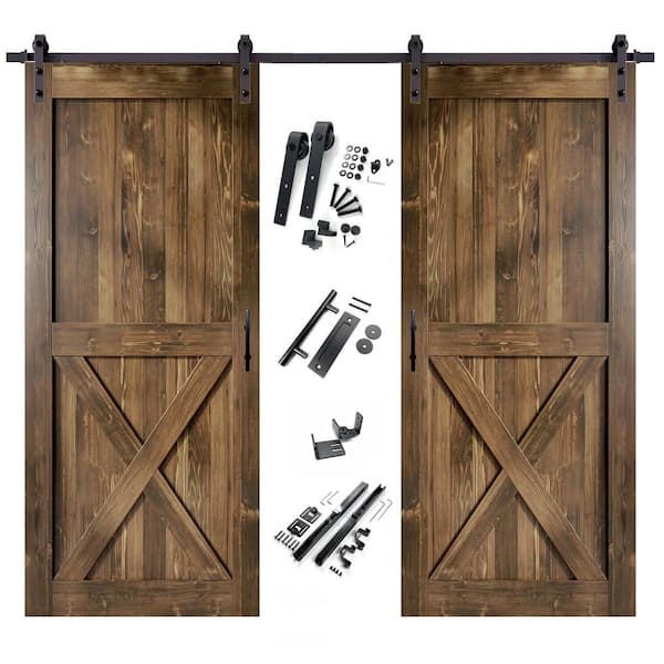 HOMACER 48 in. x 84 in. X-Frame Walnut Double Pine Wood Interior Sliding Barn Door with Hardware Kit, Non-Bypass