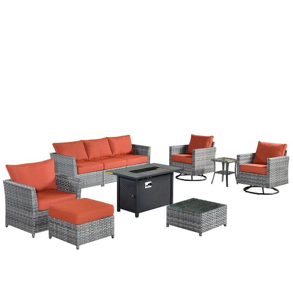 Eufaula Gray 10-Piece Wicker Patio Fire Pit Conversation Sofa Set with Swivel Rocking Chairs and Orange Red Cushions