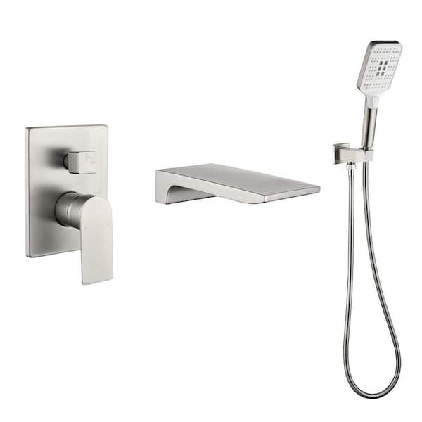Single-Handle Wall-Mount Roman Tub Faucet with Handheld Shower Bathtub Filler with Pressure Balance Valve Brushed Nickel