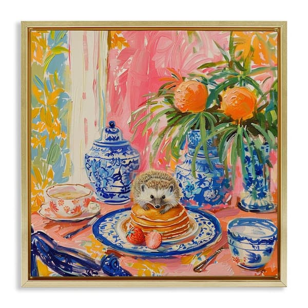 Stupell Industries Pancakes Stack & Hedgehog by LSR Design Studio Gold Floater Frame Nature Graphic Art Print 18 in. x 18 in.