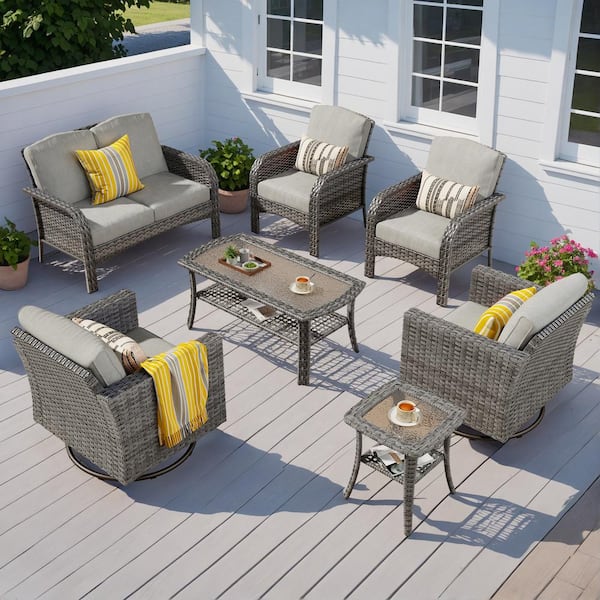 OVIOS Missisi Gray 7-Piece Wicker Patio Conversation Set with Dark Gray Cushions and Swivel Chairs