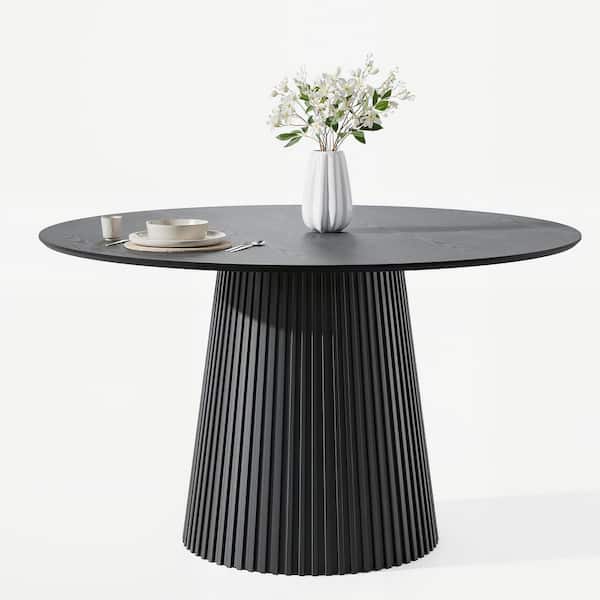 Modern Round Teak Wood Top Black Wood Color 46 in. Column Pedestal Base Dining Table Seats 4