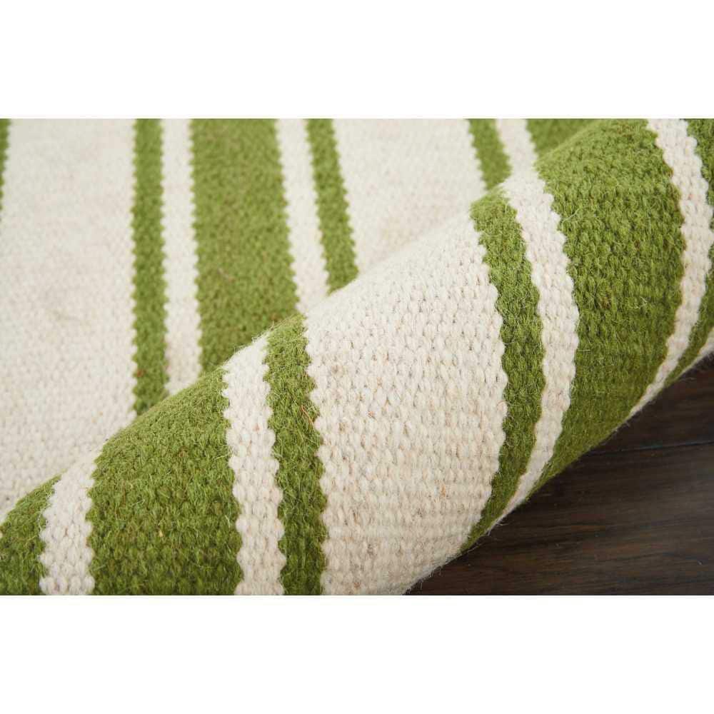 Ivory and Green Striped 4' x 6' Wool Cotton Reversible Rug