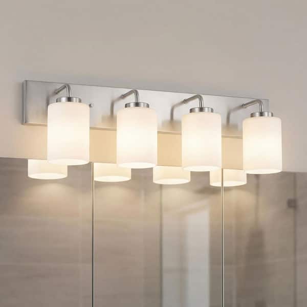 Merry Collection 30 in. 4-Light Brushed Nickel Etched Glass Transitional Bathroom Vanity Light