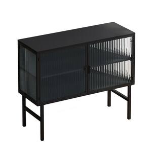 15.75 in. W x 43.31 in. D x 36.42 in. H Black Linen Cabinet with 2 Glass Doors, Featuring Two-tier Storage