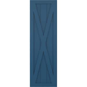 12 in. x 25 in. True Fit PVC Single X-Board Farmhouse Fixed Mount Board and Batten Shutters Pair in Sojourn Blue