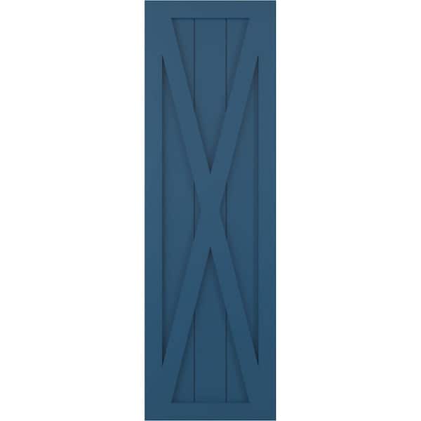 Ekena Millwork 12 in. x 44 in. True Fit PVC Single X-Board Farmhouse Fixed Mount Board and Batten Shutters Pair in Sojourn Blue