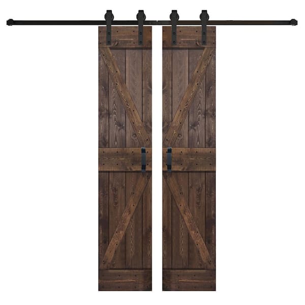 ISLIFE K Series 42 in. x 84 in.Coffee Finished DIY Solid Wood Double Sliding Barn Door with Hardware Kit