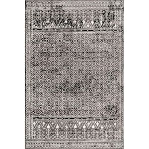 Prestyn Machine Washable Dark Grey Doormat 3 ft. x 5 ft. Tribal Area Rug