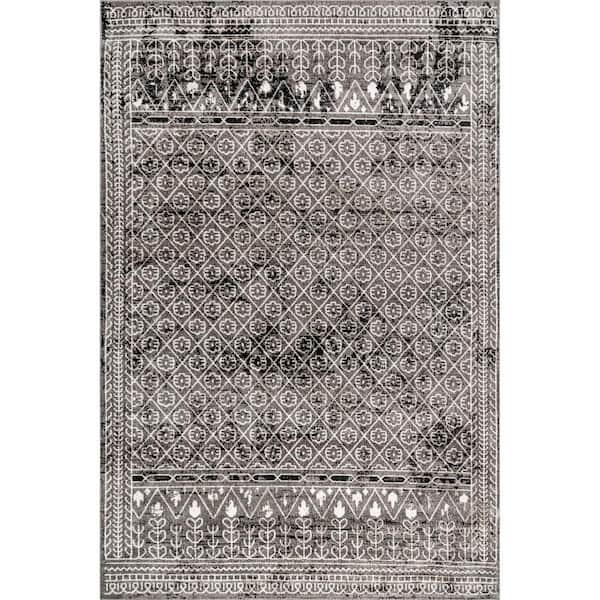 nuLOOM Prestyn Machine Washable Dark Grey 3 ft. x 5 ft. Doormat Tribal Area Rug