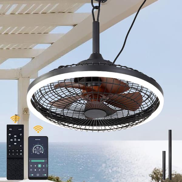 Santa 20 in. Black Down Rod Outdoor Ceiling Fan with LED Light and Remote, Industrial Caged Ceiling Fan