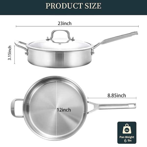 Tri-Ply Stainless Steel 6 qt. 12 in. Deep Saute Pan with Lid