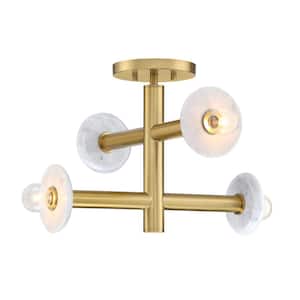 Fina 16 in. 4-Light Brushed Gold Modern Semi Flush Mount with Natural Marble Accents for Bedrooms