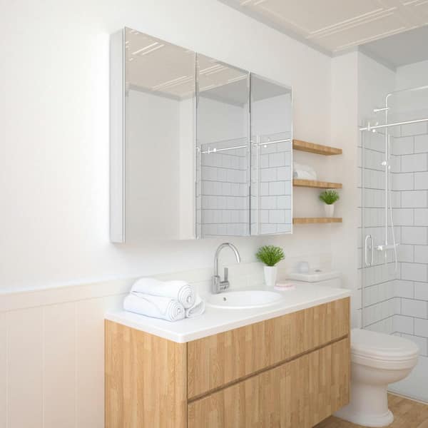 TaiMei 48 in. x 36 in. Frameless Recessed or Surface-Mount Beveled Triple Mirrors Bathroom Medicine Cabinet
