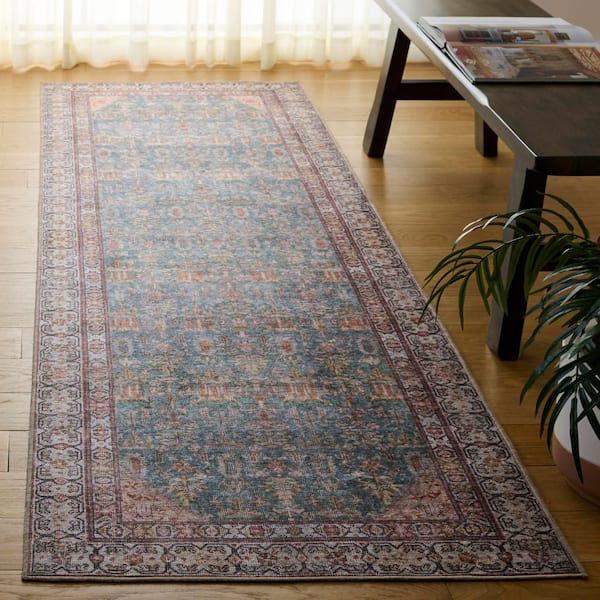Vintage Heriz 3 ft. x 8 ft. Teal/Beige Ornate Floral Washable Runner Rug