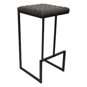 Quincy 29 in. Quilted Stitched Leather Black Metal Bar Stool with Footrest in Grey