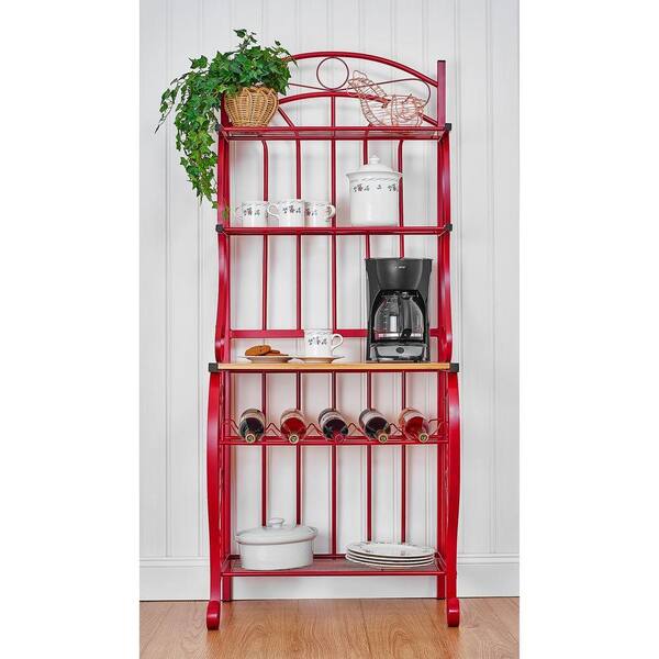 Old Dutch Baker's Rack with Bamboo Counter and Wine Rack in Red