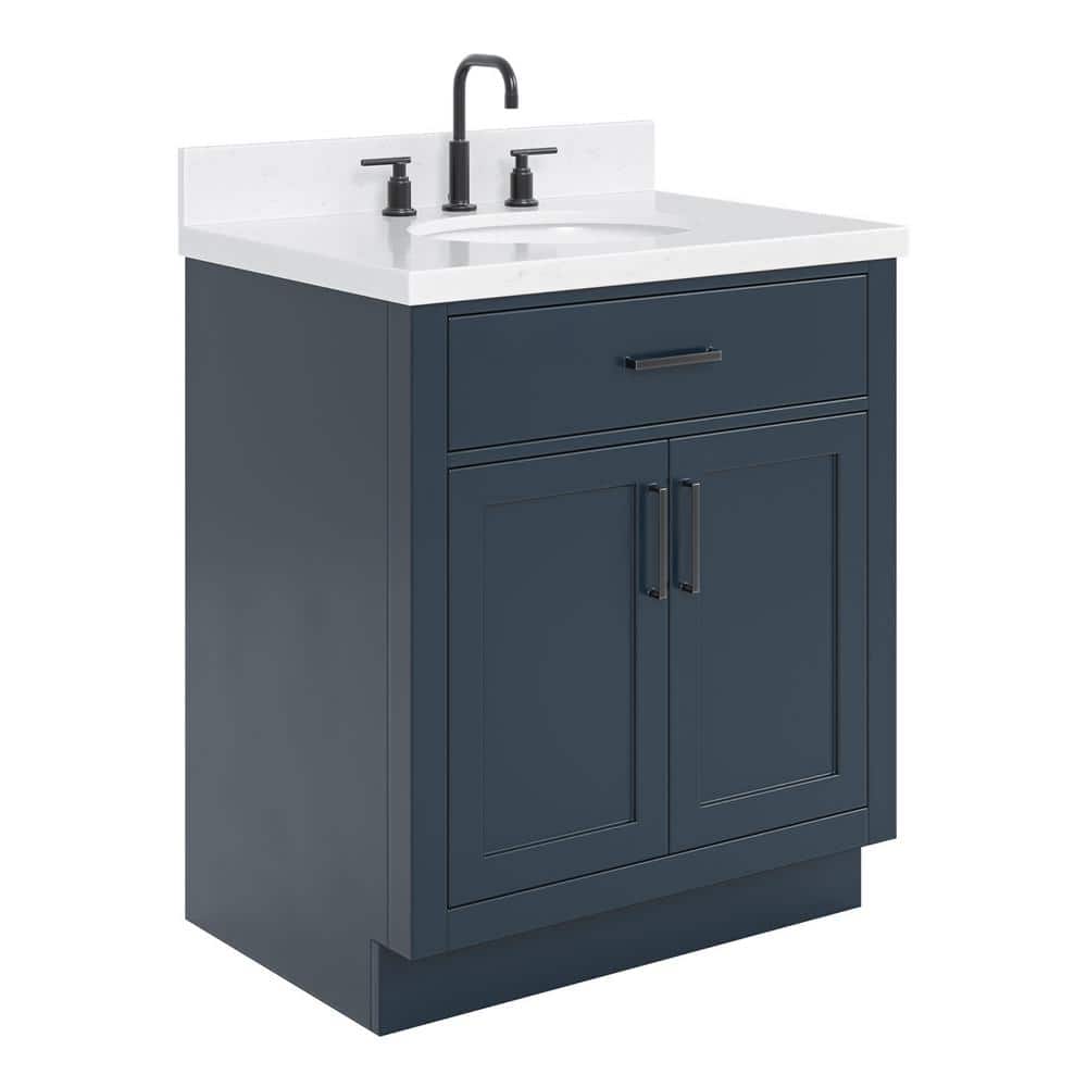 Midnight Blue Hardwood Freestanding Single Basin Vanity with Quartz Top