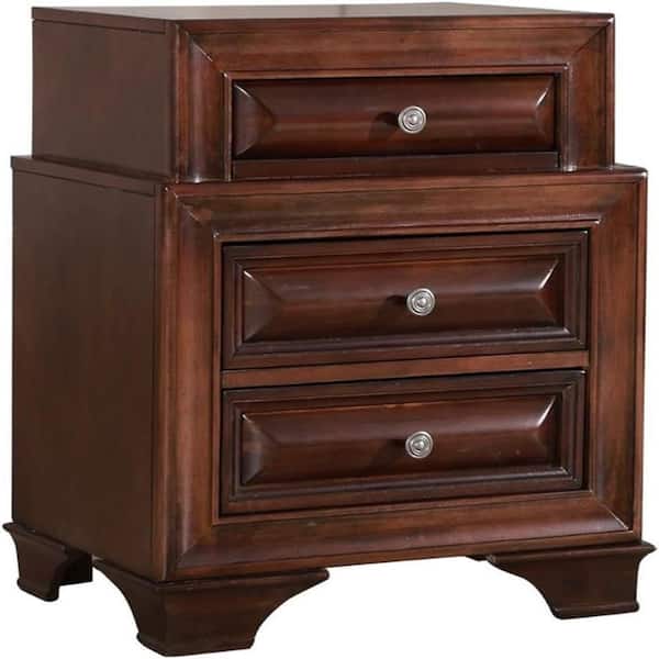 Burgundy Finish, 3 Drawers Nightstand