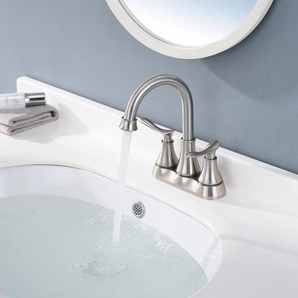 4 in. Centerset Double-Handle High Arc Bathroom Faucet with Pop-Up Drain and Supply Hoses in Brushed Nickel