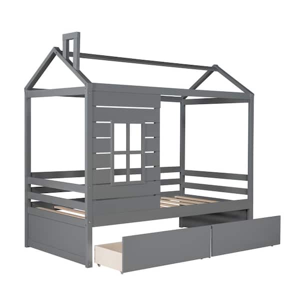 Unbranded Gray Twin Size Wood House Bed with 2-Drawers
