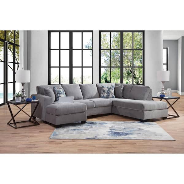 American Furniture Classics Graphite 166 in. Square Track Arm 2-Piece Chenille U Shape Sectional Sofa in Gray Chenille with 4-Throw Pillows