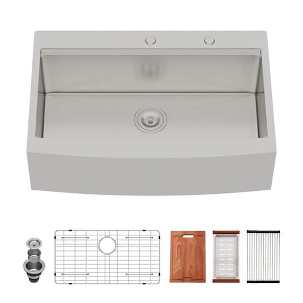 33 in. Farmhouse/Apron-Front Single Bowl Brushed Nickel Stainless Steel with Grid & Strainer