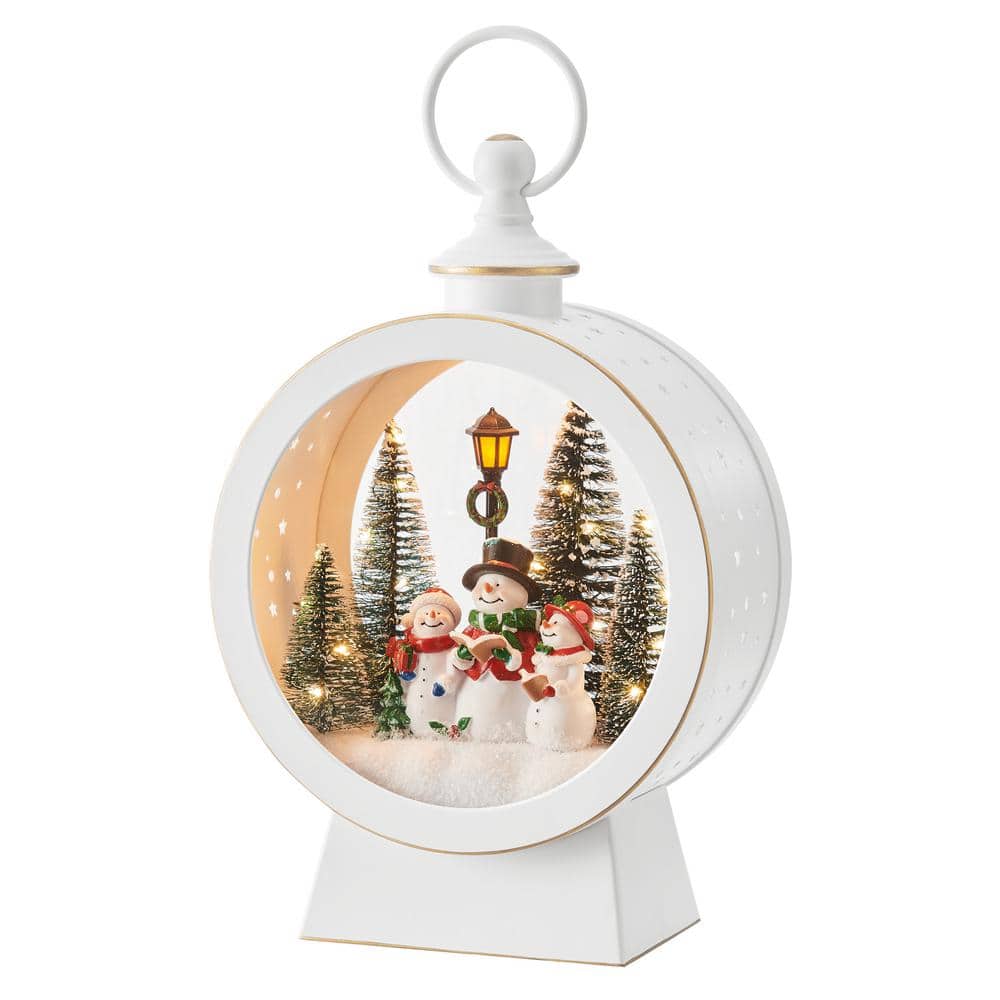 White Oval Lighted Winter Snowman Scene Diorama Lantern